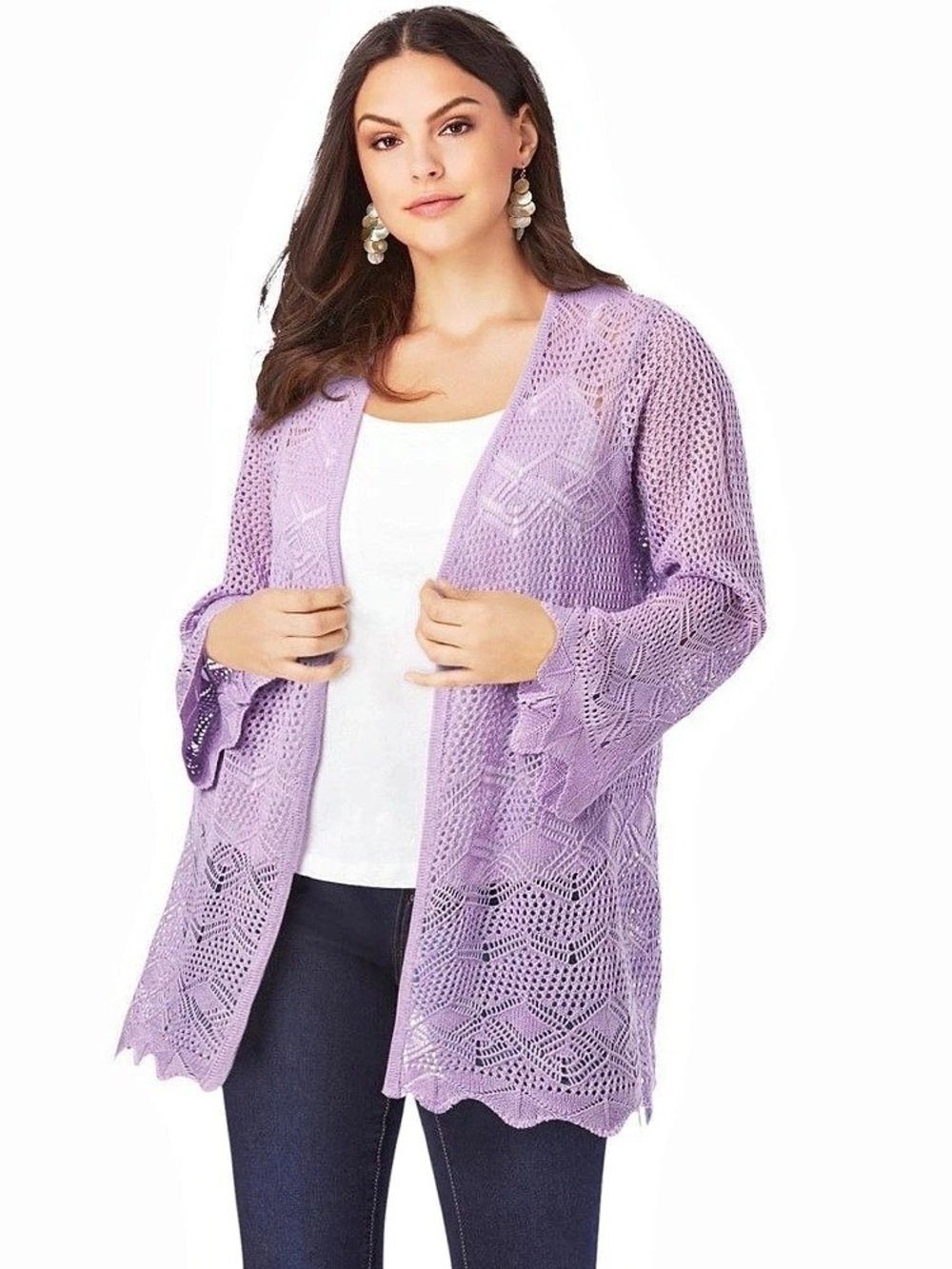 Roaman's Crochet Style Open Front Cardigan Pale Purple Lavender Plus Size 1X